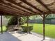 Charming backyard view from covered patio with swing, showcasing a spacious green lawn and fire pit at 737 Howard St, Shelbyville, IN 46176
