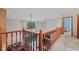 This is a carpeted loft area with beautiful wood banisters and views of the living spaces below at 7612 Freedom Woods Dr, Indianapolis, IN 46259
