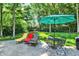 Landscaped backyard with patio, lounge chairs, umbrella, and lush green trees at 8261 Twin Pointe Cir, Indianapolis, IN 46236