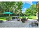 Well-maintained backyard with stone patio, outdoor seating, and lush greenery at 8261 Twin Pointe Cir, Indianapolis, IN 46236