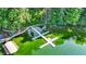 Private boat dock with boat, chairs and lake access, enveloped by lush trees and greenery at 8261 Twin Pointe Cir, Indianapolis, IN 46236