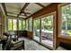 Sunroom with a fireplace, cozy seating, and a view of the backyard hot tub at 8261 Twin Pointe Cir, Indianapolis, IN 46236