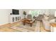 Bright living room featuring a large window, wood-look flooring, comfortable seating, and a decorative accent cabinet at 8429 Catamaran Dr, Indianapolis, IN 46236