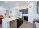 Open-concept kitchen featuring an island with seating, stainless steel appliances, and dark cabinets at 6608 W Shoreline Ct, Greenfield, IN 46140