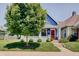 Charming blue home with a red door, green lawn, and inviting curb appeal at 712 Orange St, Indianapolis, IN 46203