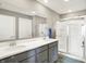 Sleek bathroom showcasing dual sinks, a large mirror, and a modern glass-enclosed shower at 851 Sonoma Ln, Greenfield, IN 46140