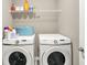 Laundry room featuring modern front load washing machine and dryer with overhead storage at 851 Sonoma Ln, Greenfield, IN 46140