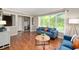Bright living room featuring a large window, hardwood floors, and stylish blue furniture at 1031 Lancashire Ln, Pendleton, IN 46064