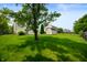 Expansive backyard featuring a lush lawn, storage shed, and mature trees at 11138 Bear Hollow Dr, Indianapolis, IN 46229
