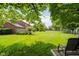 Large grassy backyard with privacy fence, mature trees, and brick house at 11354 Royal Pl, Carmel, IN 46032