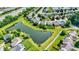 Captivating aerial shot of homes lining a scenic pond, showcasing the community's green spaces at 12322 Cool Winds W Way, Fishers, IN 46037