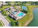 This aerial shows a community pool, playground, tennis court, and basketball court surrounded by green spaces at 14109 Secretariat Ct, Carmel, IN 46074