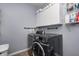 Functional laundry room with modern appliances, shelving for storage, and sleek design at 15178 Silver Charm Dr, Noblesville, IN 46060