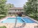 Aerial view of the backyard featuring a refreshing pool, slide, and well-maintained landscaping at 4084 Mountbatton Dr, Greenwood, IN 46143
