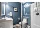 Stylish bathroom features a glass shower, modern vanity, and blue walls at 5919 Central Ave, Indianapolis, IN 46220