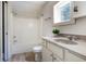 Bathroom with a vanity, a shower-tub combo, and a bright window allowing natural light at 602 Prospect St, Indianapolis, IN 46203