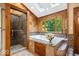 Stunning bathroom with stone shower, soaking tub, mosaic tile detail and skylights at 6975 Milhouse Rd, Indianapolis, IN 46221