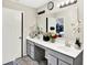 Bathroom featuring double sinks with gray cabinets, a large mirror, and vanity space at 7252 Lockford N, Avon, IN 46123