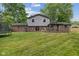 An exterior view of home with grassy backyard, deck, and brick exterior features at 750 Hillcrest Dr, Greenwood, IN 46142
