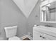 Bathroom featuring a toilet, sink, vanity, and framed mirror at 247 N 14Th St, Noblesville, IN 46060