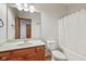 Bathroom with a single sink vanity, toilet, shower and large mirror at 5274 Brooks Bnd, Greenwood, IN 46143