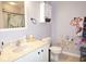 Well-lit bathroom with a vanity, a mirror, a toilet, and colorful accents at 6563 Enclave Blvd, Greenwood, IN 46143
