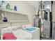 Functional laundry room with washer, dryer, water heater, utility sink, and storage shelves at 8038 Sydney Ln, Avon, IN 46123