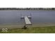 Expansive lake view from the grassy backyard and waterfront access with a dock displaying two American flags at 8864 S Tibbs Ave, Indianapolis, IN 46217