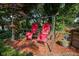 A charming backyard setting with a relaxing porch swing and manicured landscaping and vibrant red mulch at 9420 N Kenwood Ave, Indianapolis, IN 46260