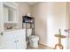 Cozy bathroom with white vanity, toilet, and tile flooring, complemented by neutral wall paint at 10622 Penn Dr, Indianapolis, IN 46280