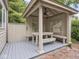 Relaxing backyard gazebo featuring built-in seating, table, and ceiling fan at 1207 Pickwick Pl, Indianapolis, IN 46208