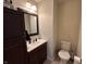 Bathroom featuring a white toilet and dark wood vanity with framed mirror at 19409 Mimosa Ct, Noblesville, IN 46060