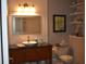 Vanity and toilet in bathroom with elegant fixtures, lighting, and decorations at 7357 Lake Lakota Dr, Indianapolis, IN 46217