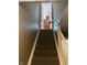 Carpeted staircase leading to a kitchen space with red walls and wooden cabinets at 7667 Madden Ln, Fishers, IN 46038
