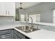 Bright kitchen featuring stainless steel sink, modern faucet, and stylish backsplash at 8247 Cape N Dr, Indianapolis, IN 46256