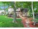 Backyard featuring a mulched walkway, trees, and a cozy patio area at 8313 Tequista Cir, Indianapolis, IN 46236