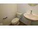 Well-lit half bathroom featuring a pedestal sink and toilet at 9516 Bauhaus Way, Indianapolis, IN 46240