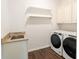Well-lit laundry room with modern washer and dryer, granite counter, sink, and built-in shelving at 1210 Churchman Ave, Indianapolis, IN 46203