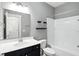 Modern bathroom features sleek vanity, tub with shower, and floating shelves at 14474 Treasure Creek Ln, Fishers, IN 46038