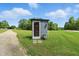 Image shows an outhouse on a green lawn with a glass door, alongside a gravel road and green trees at 17138 Joliet Rd, Westfield, IN 46074