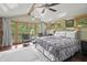An inviting main bedroom featuring vaulted ceilings, ceiling fans, and serene lake views through large windows at 4126 E Rembrandt Dr, Martinsville, IN 46151