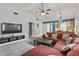 Spacious living room with vaulted ceilings, comfortable seating, and modern entertainment center at 7616 Derrek Pl, Indianapolis, IN 46219