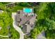 Overhead view of a grand home, featuring a backyard pool, patio area, and meticulously designed landscaping at 8651 Emerald Ln, Indianapolis, IN 46260