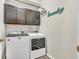 Convenient laundry room features modern washer and dryer units with dark cabinets above at 9231 E Poynter Dr, Morgantown, IN 46160