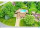 Aerial view showcasing the property with a swimming pool, spacious yard, and mature trees at 4080 Wander Way, Greenwood, IN 46142