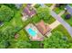 Bird's-eye view of the home showcasing the backyard pool, mature trees, and landscaping at 4080 Wander Way, Greenwood, IN 46142