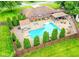 Aerial view of the property featuring a backyard pool, covered patio, and well-manicured lawn at 4080 Wander Way, Greenwood, IN 46142