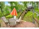 Wooden deck with table, chairs, orange umbrella and view of the wooded property at 460 W Hinshaw Dr, Nineveh, IN 46164