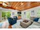 Comfortable living room with hardwood floors, wood ceiling, and sliding glass doors leading to the outside at 460 W Hinshaw Dr, Nineveh, IN 46164