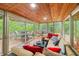 Inviting sunroom with a wood ceiling that walks out to the exterior porch and wooded view at 460 W Hinshaw Dr, Nineveh, IN 46164